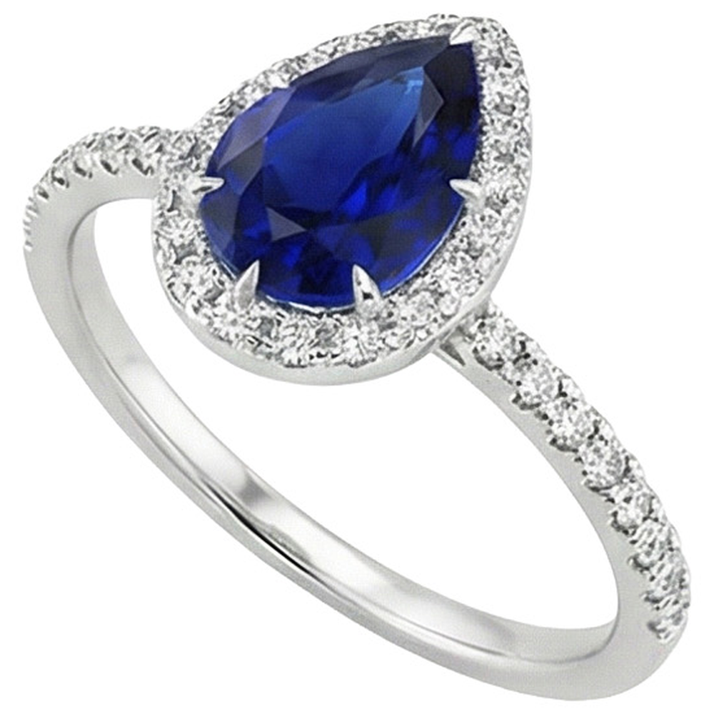 Aus der Erde Abgebauter Natürlicher Diamant-Verlobungsring Tropfenform Birne Blauer Saphir 6.20 Karat