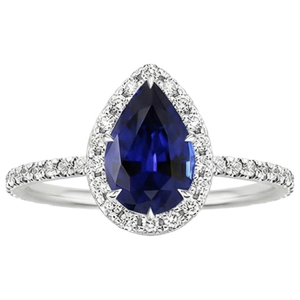 Aus der Erde Abgebauter Natürlicher Diamant-Verlobungsring Tropfenform Birne Blauer Saphir 6.20 Karat
