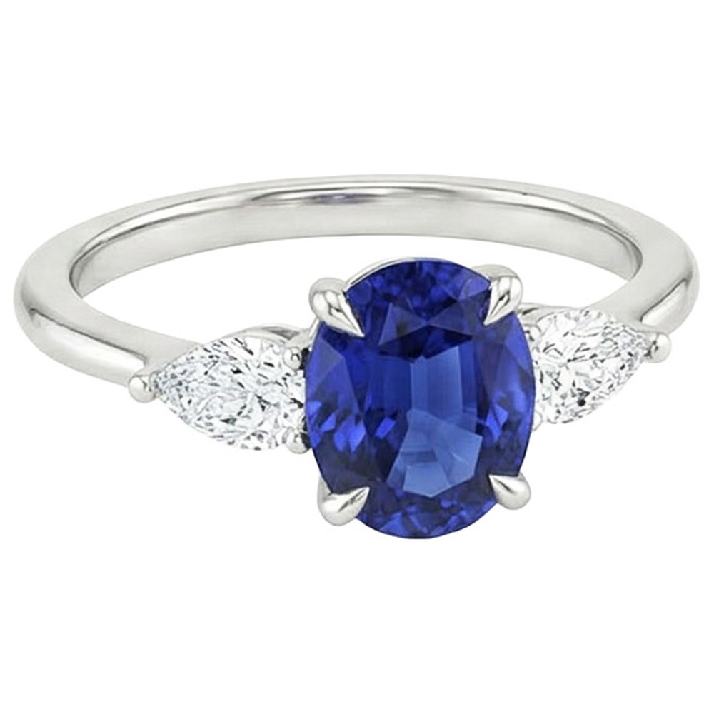 Natürlicher Diamant ( nicht im Labor gezüchtet )-Drei-Steine-Ring Oval Cut Ceylon Saphir 3,50 Karat