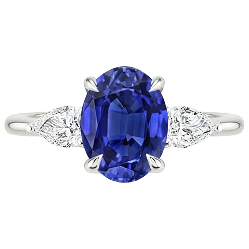 Natürlicher Diamant ( nicht im Labor gezüchtet )-Drei-Steine-Ring Oval Cut Ceylon Saphir 3,50 Karat