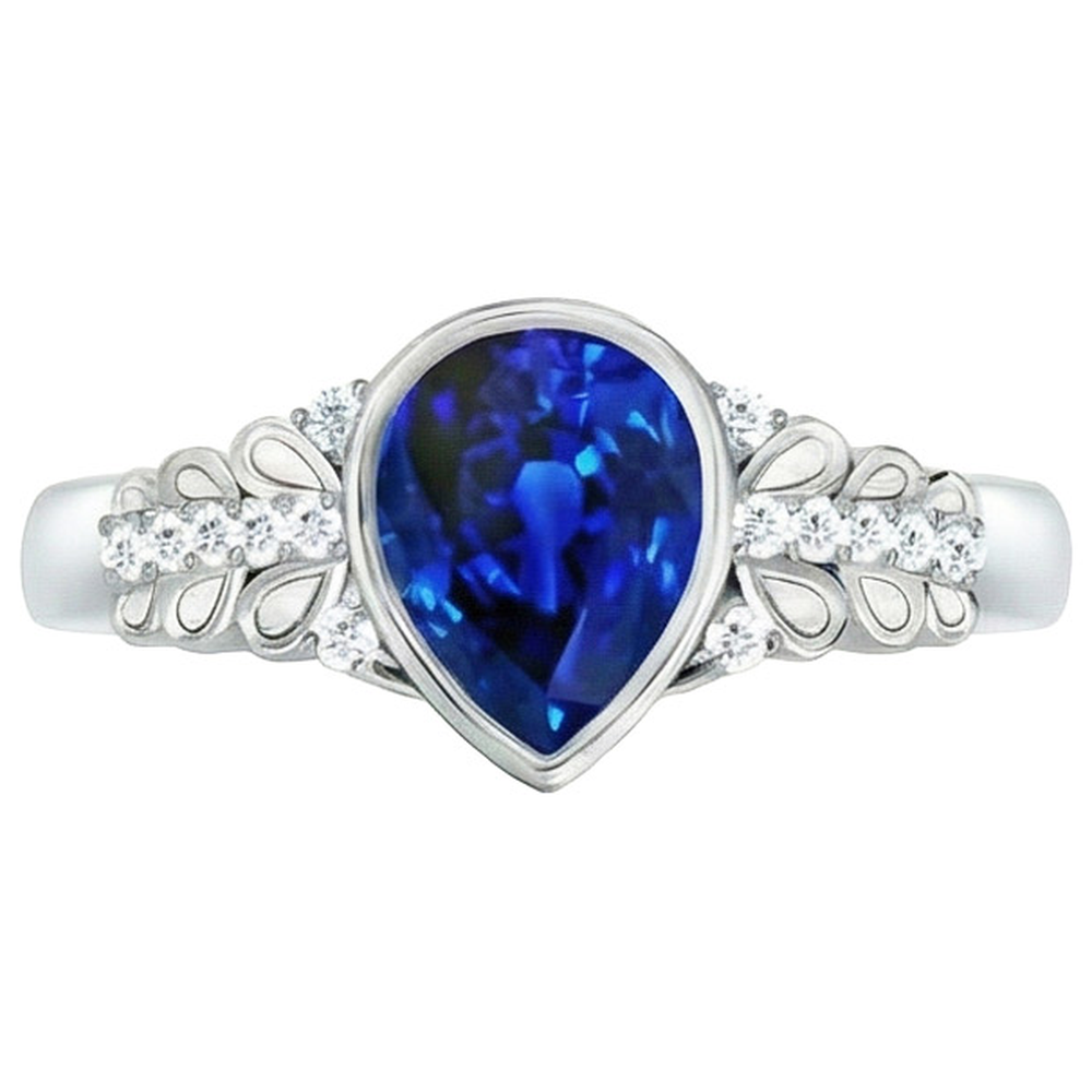 Aus der Erde Abgebauter Natürlicher Diamantring New Bezel Set Birnenblauer Saphir Mit Akzenten 4,25 Karat