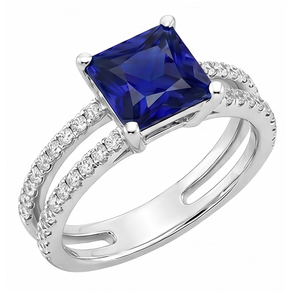 Aus der Erde Abgebauter Natürlicher Diamantring Princess Cut Saphir mit Akzenten Split Shank 6 Karat