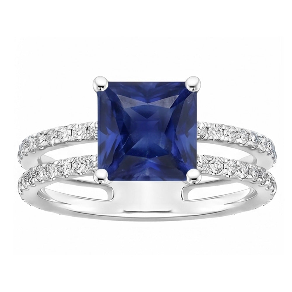 Aus der Erde Abgebauter Natürlicher Diamantring Princess Cut Saphir mit Akzenten Split Shank 6 Karat