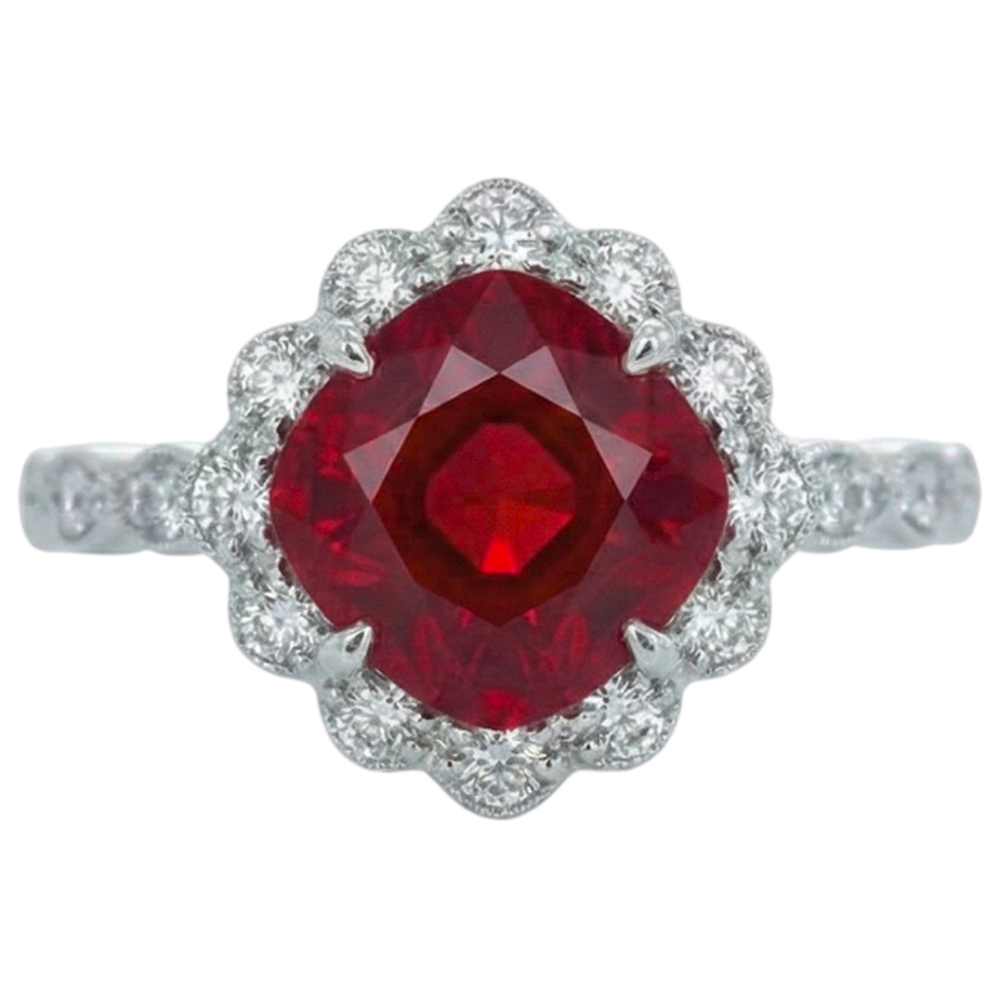 Aus der Erde Abgebauter Natürlicher Diamantring im Kissenschliff mit rotem Rubin Weißgold 14K 2.45 Karat