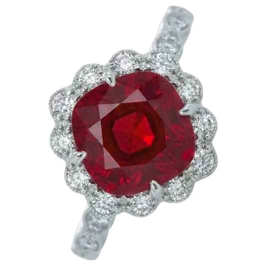 Aus der Erde Abgebauter Natürlicher Diamantring im Kissenschliff mit rotem Rubin Weißgold 14K 2.45 Karat