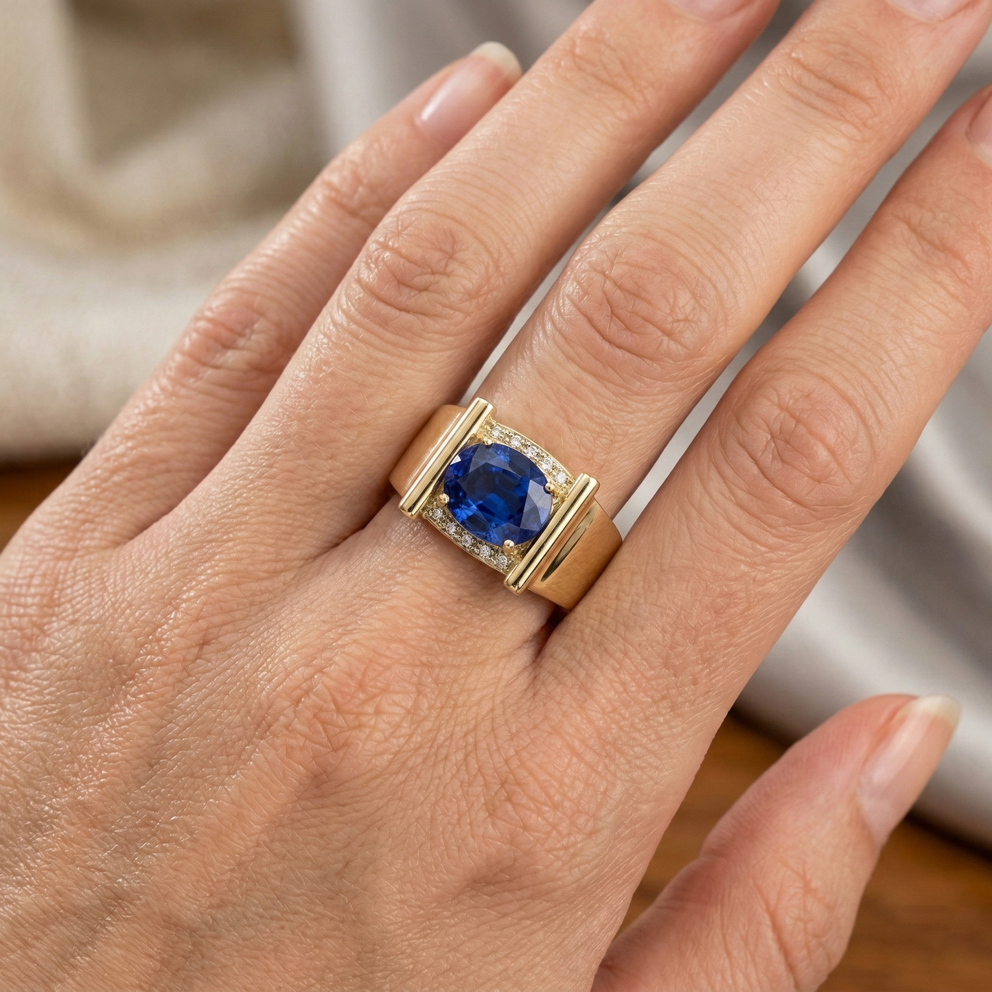 Aus der Erde Abgebauter Natürlicher Diamant Herrenring Ceylon Saphir 2,25 Karat Schmuck Gold 14K