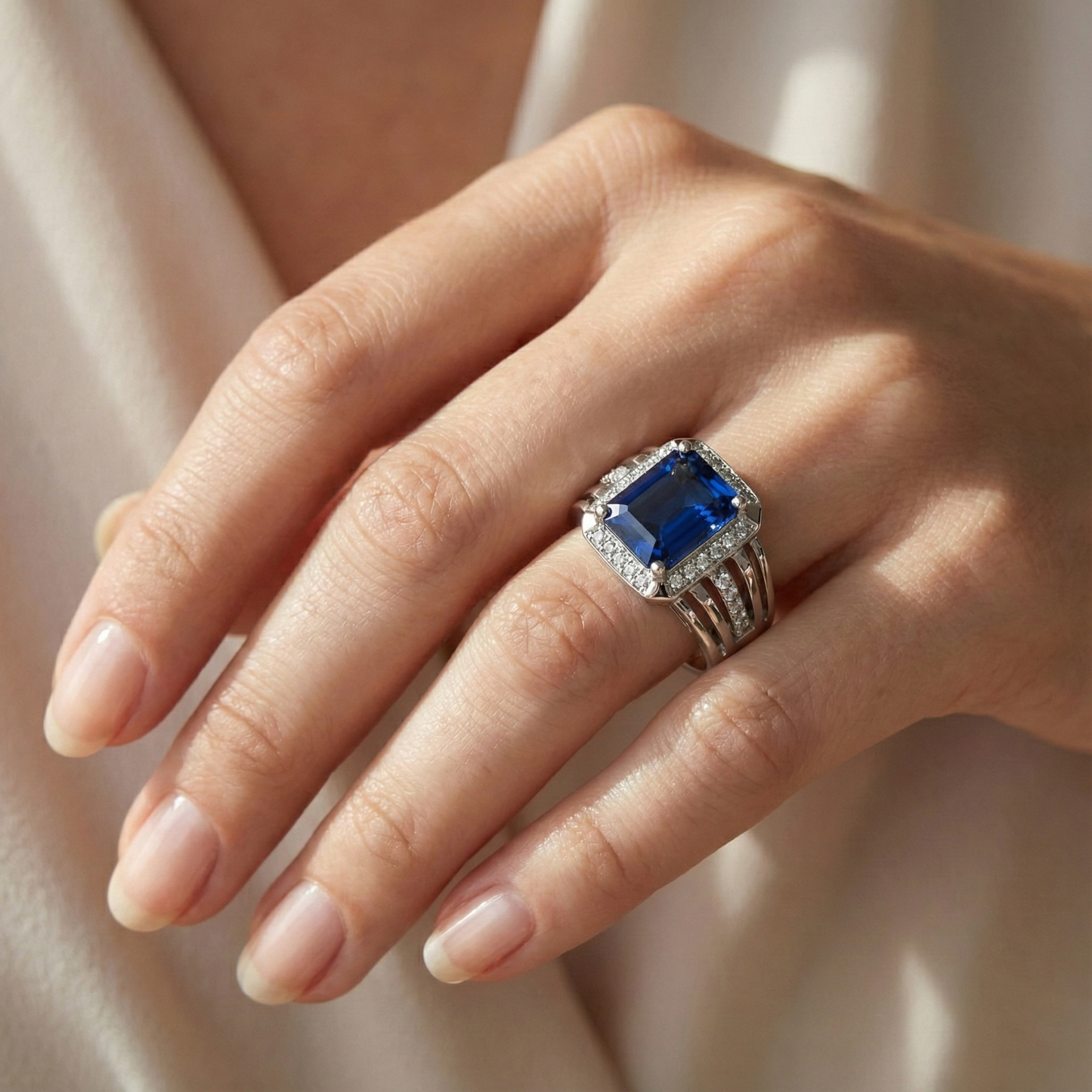 Aus der Erde Abgebauter Natürlicher Diamant Herrenring Smaragdschliff blauer Saphir mit Akzenten 3,50 Karat