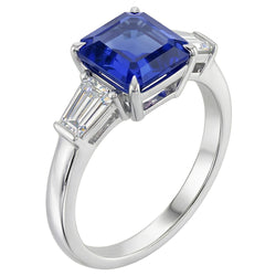 Baguette Aus der Erde Abgebauter Natürlicher Diamant 3 Steine Ring Asscher Schliff Blauer Saphir 2.50 Karat