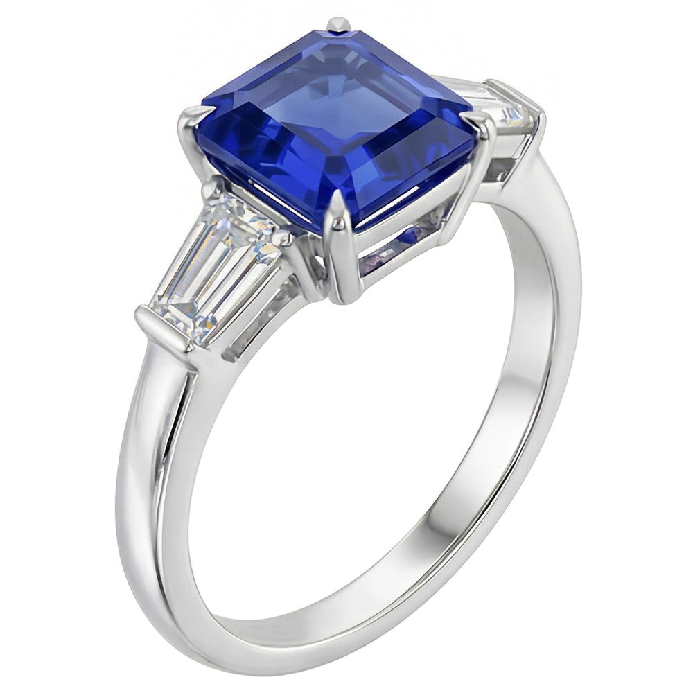 Baguette Aus der Erde Abgebauter Natürlicher Diamant 3 Steine Ring Asscher Schliff Blauer Saphir 2.50 Karat