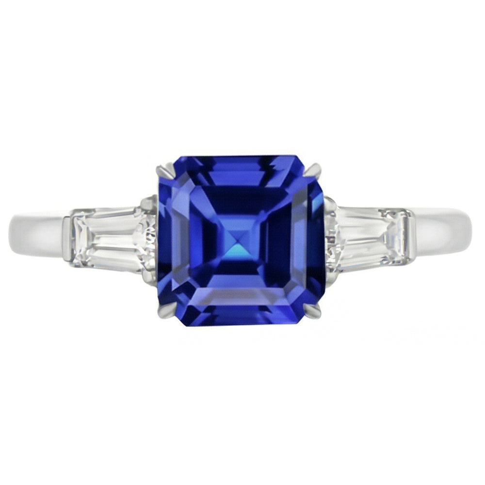 Baguette Aus der Erde Abgebauter Natürlicher Diamant 3 Steine Ring Asscher Schliff Blauer Saphir 2.50 Karat