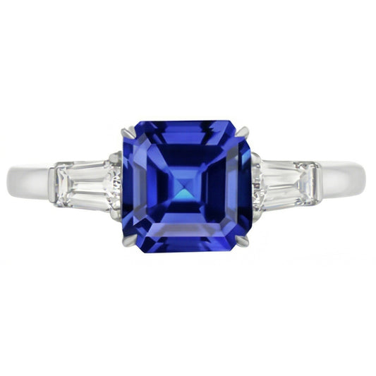 Baguette Aus der Erde Abgebauter Natürlicher Diamant 3 Steine Ring Asscher Schliff Blauer Saphir 2.50 Karat