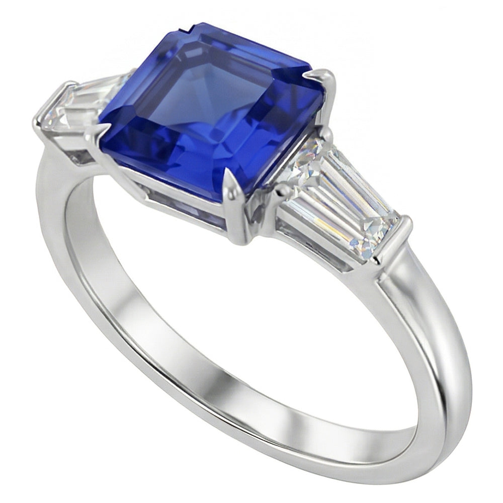 Baguette Aus der Erde Abgebauter Natürlicher Diamant 3 Steine Ring Asscher Schliff Blauer Saphir 2.50 Karat