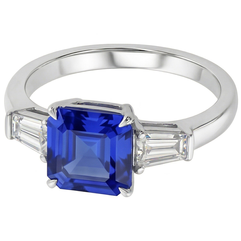 Baguette Aus der Erde Abgebauter Natürlicher Diamant 3 Steine Ring Asscher Schliff Blauer Saphir 2.50 Karat