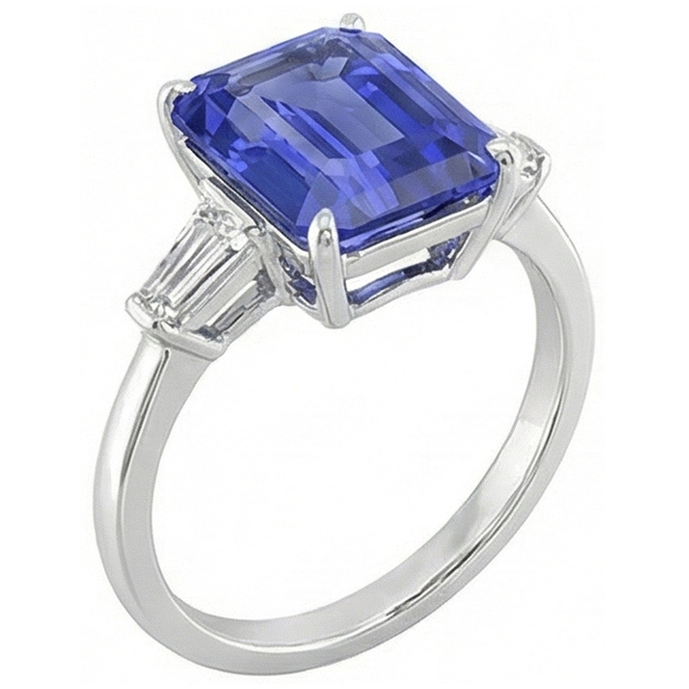 Baguette Natürlicher Diamant ( nicht im Labor gezüchtet ) 3 Steine Ring Smaragdschliff Ceylon Saphir 2,75 Karat