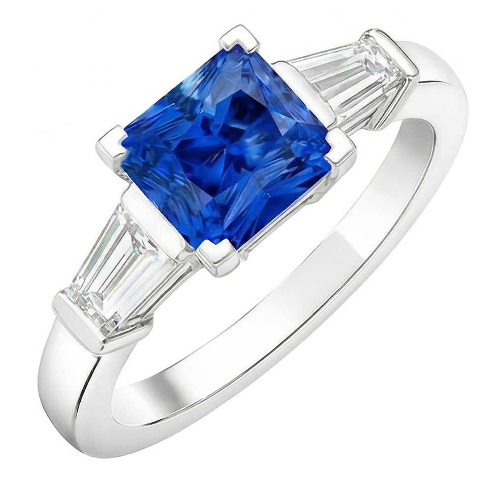 Baguette Aus der Erde Abgebauter Natürlicher Diamant 3 Steine Ring Strahlend Hellblauer Saphir 2.50 Karat