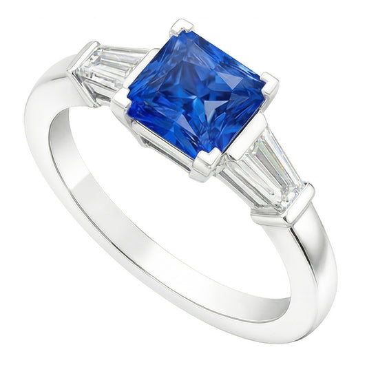 Baguette Aus der Erde Abgebauter Natürlicher Diamant 3 Steine Ring Strahlend Hellblauer Saphir 2.50 Karat