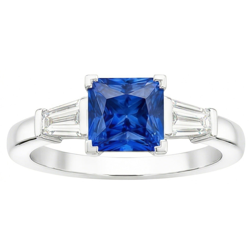 Baguette Aus der Erde Abgebauter Natürlicher Diamant 3 Steine Ring Strahlend Hellblauer Saphir 2.50 Karat