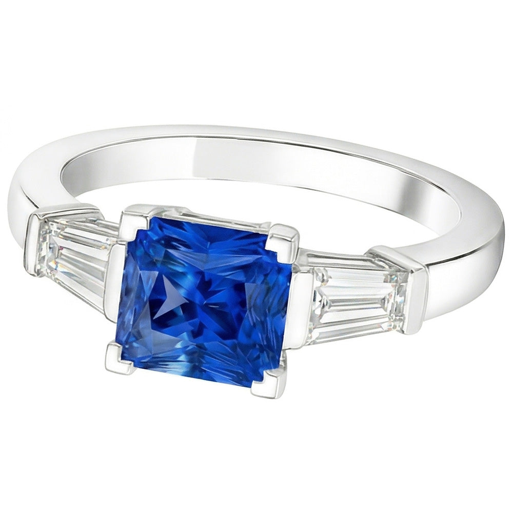 Baguette Aus der Erde Abgebauter Natürlicher Diamant 3 Steine Ring Strahlend Hellblauer Saphir 2.50 Karat