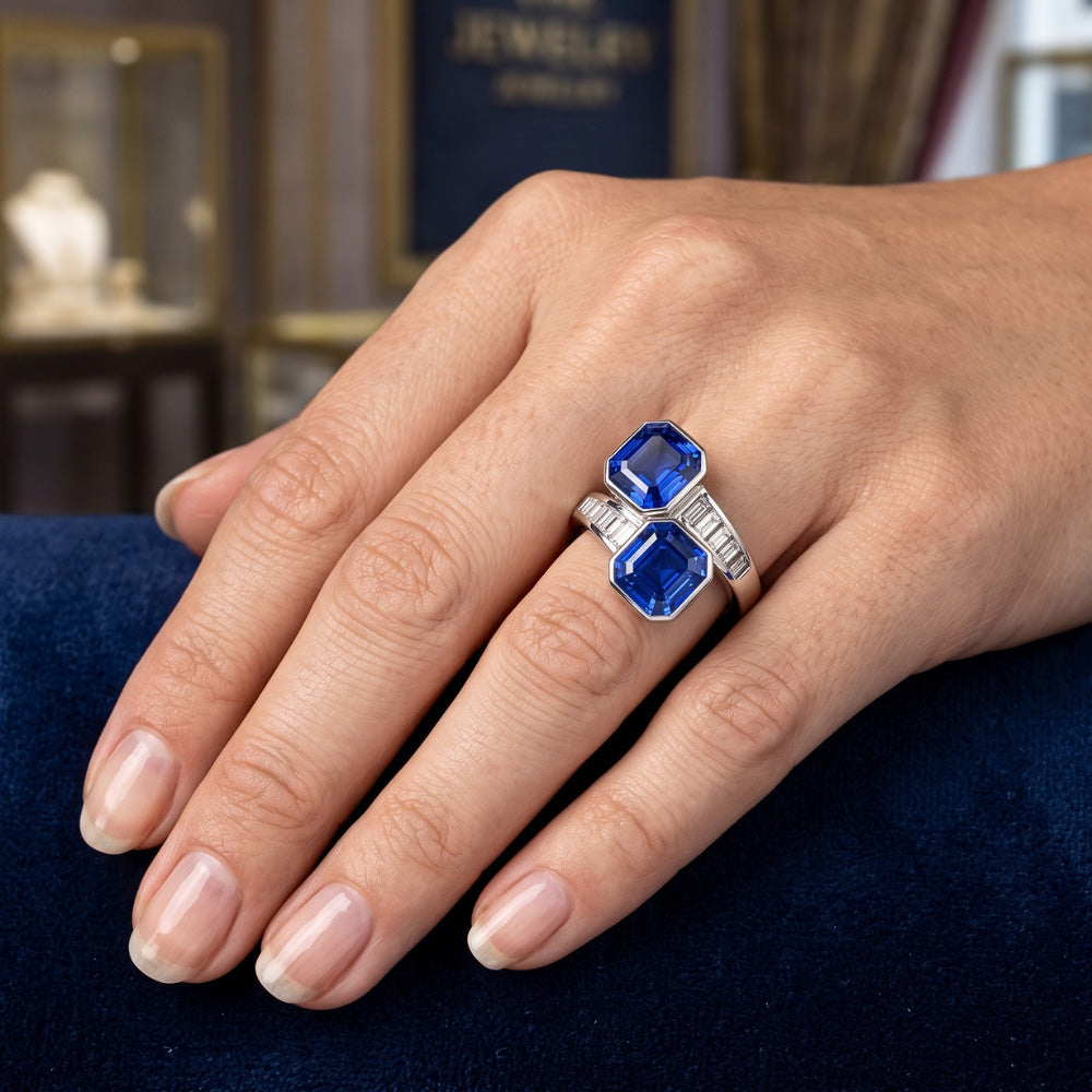 Baguette Aus der Erde Abgebauter Natürlicher Diamant Asscher Saphir Ring Lünette & Kanal Set 4,50 Karat