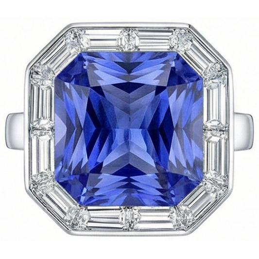 Baguette Natürlicher Diamant ( nicht im Labor gezüchtet ) Halo Radiant Blue Saphir Ring 3,50 Karat 14K Gold