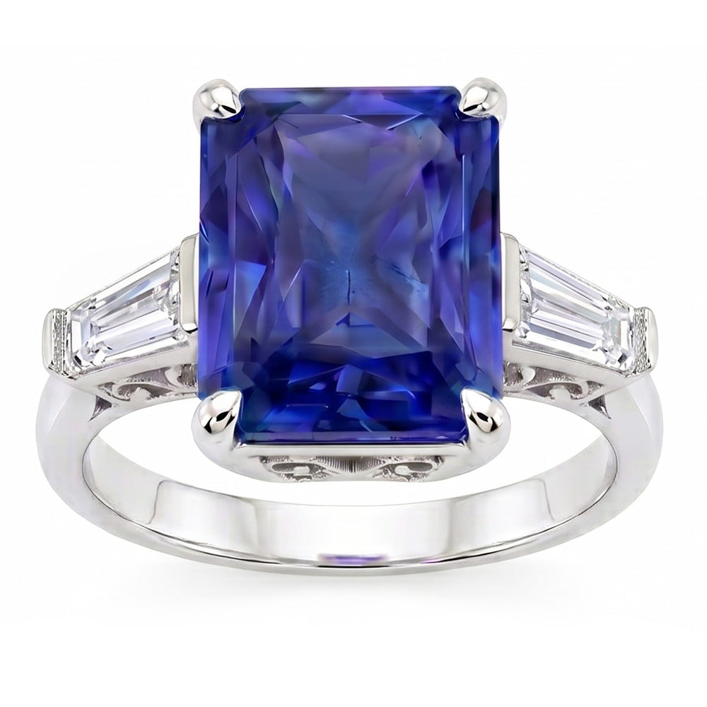 Baguette Natürlicher Diamant ( nicht im Labor gezüchtet ) 3 Steine Ring Strahlend Hellblauer Saphir 2.50 Karat