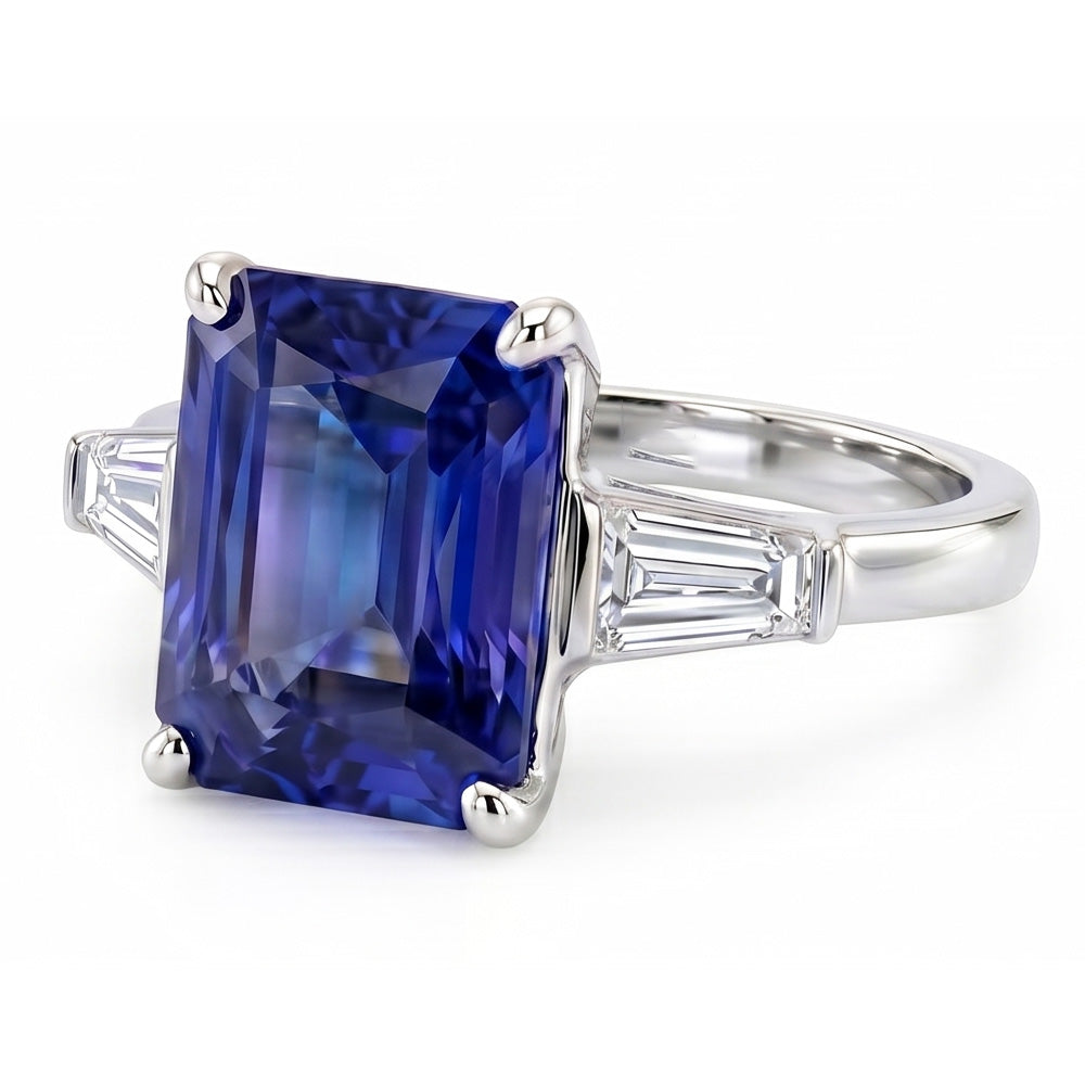 Baguette Natürlicher Diamant ( nicht im Labor gezüchtet ) 3 Steine Ring Strahlend Hellblauer Saphir 2.50 Karat