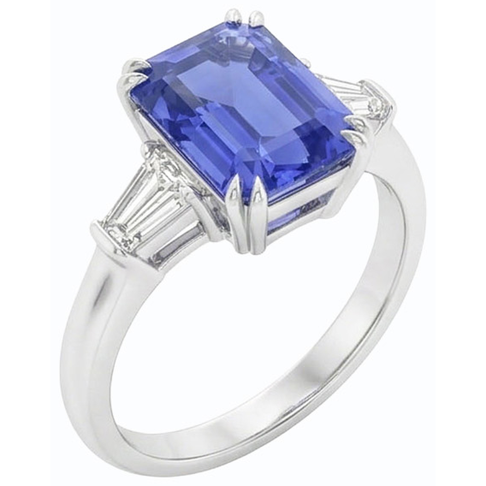 Baguette Natürlicher Diamant ( nicht im Labor gezüchtet ) 3 Steine Smaragdschliff Blauer Saphir Ring 2,25 Karat