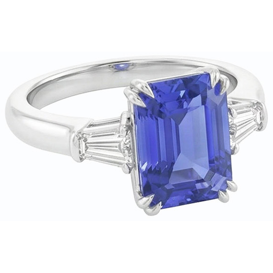 Baguette Natürlicher Diamant ( nicht im Labor gezüchtet ) 3 Steine Smaragdschliff Blauer Saphir Ring 2,25 Karat