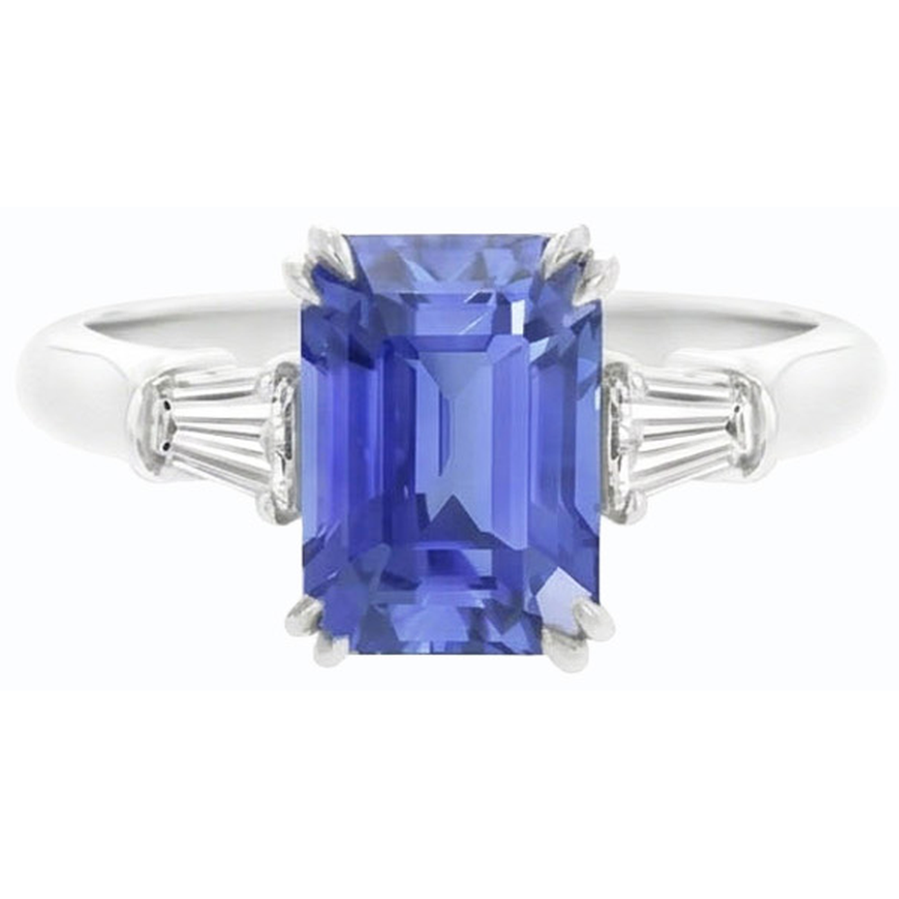 Baguette Natürlicher Diamant ( nicht im Labor gezüchtet ) 3 Steine Smaragdschliff Blauer Saphir Ring 2,25 Karat