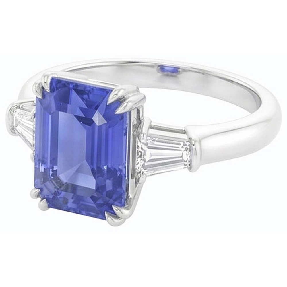 Baguette Natürlicher Diamant ( nicht im Labor gezüchtet ) 3 Steine Smaragdschliff Blauer Saphir Ring 2,25 Karat