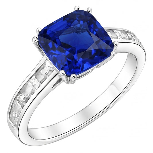 Baguette Natürlicher Diamant ( nicht im Labor gezüchtet ) Kissen Blauer Saphir Ring 4 Karat Gold 14K Schmuck