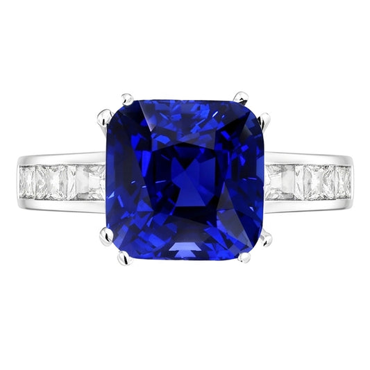 Baguette Natürlicher Diamant ( nicht im Labor gezüchtet ) Kissen Blauer Saphir Ring 4 Karat Gold 14K Schmuck