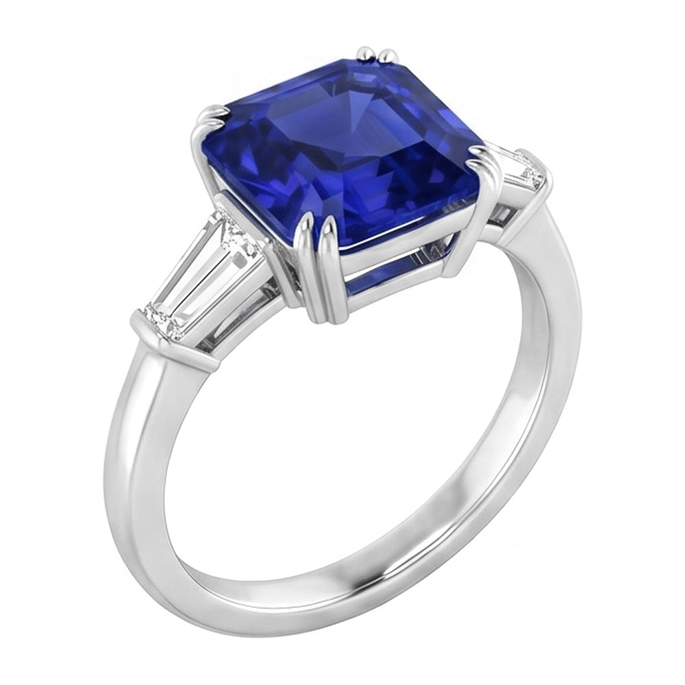 Baguette-Natürlicher Diamant ( nicht im Labor gezüchtet )-Ring mit 3 Steinen Tiefblauer Saphir im Asscher-Schliff 2 Karat