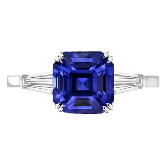 Baguette-Natürlicher Diamant ( nicht im Labor gezüchtet )-Ring mit 3 Steinen Tiefblauer Saphir im Asscher-Schliff 2 Karat