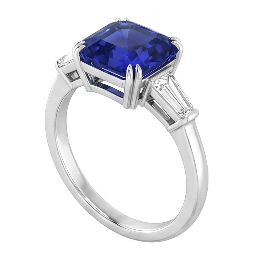 Baguette-Natürlicher Diamant ( nicht im Labor gezüchtet )-Ring mit 3 Steinen Tiefblauer Saphir im Asscher-Schliff 2 Karat