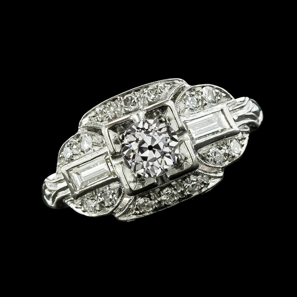 Baguette & Runder alter Bergmann Echt Diamantring Milgrain Schaft 3,25 Karat