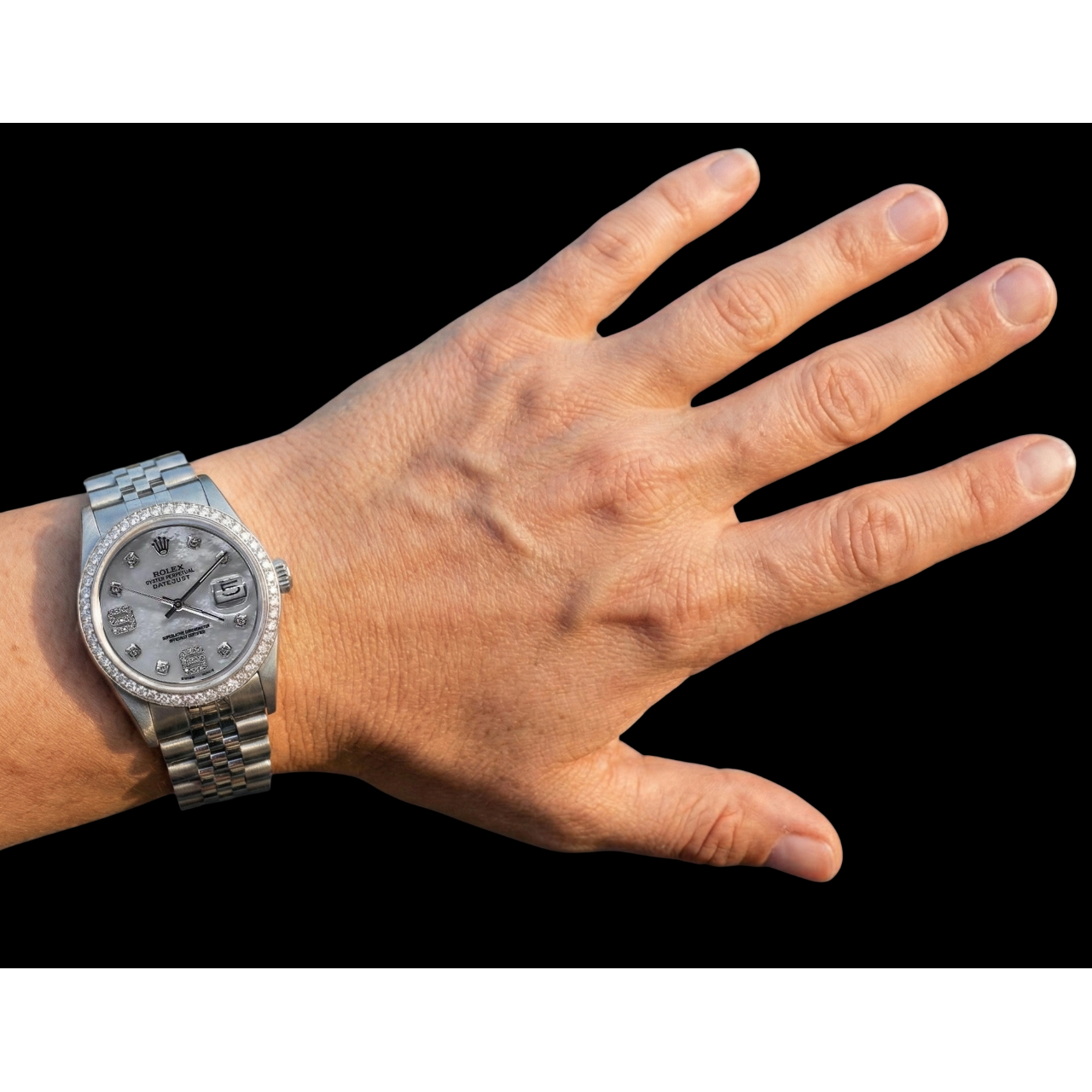 Benutzerdefinierte Diamant-Lünette, Mop-Zifferblatt, Rolex-Datum, nur Herrenuhr, Edelstahl-Armband, SCHNELLES SET