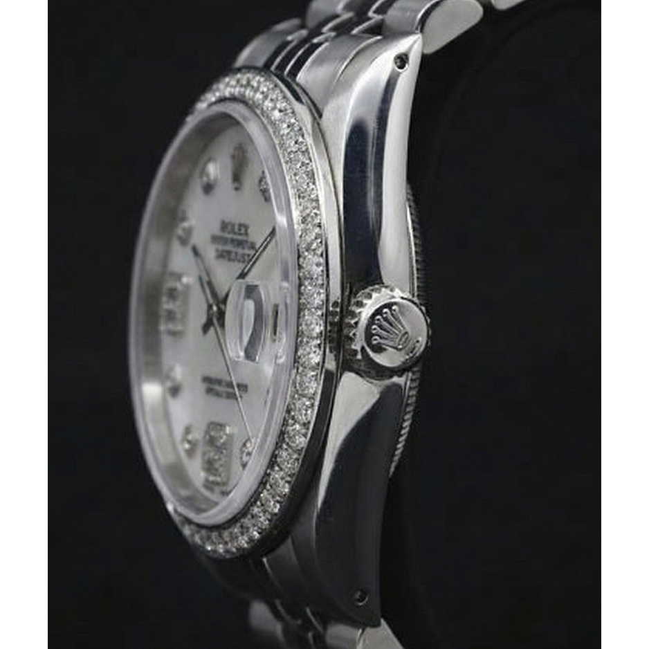 Benutzerdefinierte Diamant-Lünette, Mop-Zifferblatt, Rolex-Datum, nur Herrenuhr, Edelstahl-Armband, SCHNELLES SET