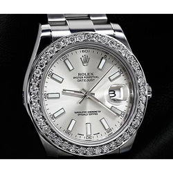 Benutzerdefinierte Diamant Lünette Herren Rolex Uhr Silber Stick Zifferblatt Datejust