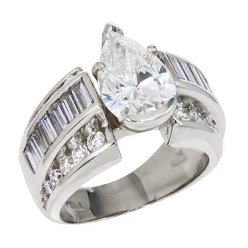Birne Center Echt Diamant-Verlobungsring Baguettes auf Schaft 6.01 Ct. WG 14K]
