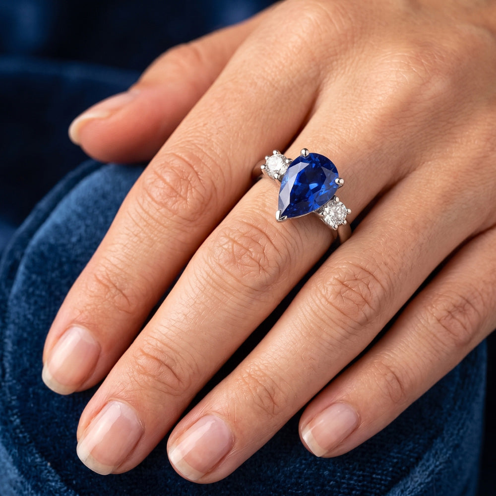 Birne Ceylon Saphir Aus der Erde Abgebauter Natürlicher Diamant Weißgold Ring 4.21 ct Schmuck