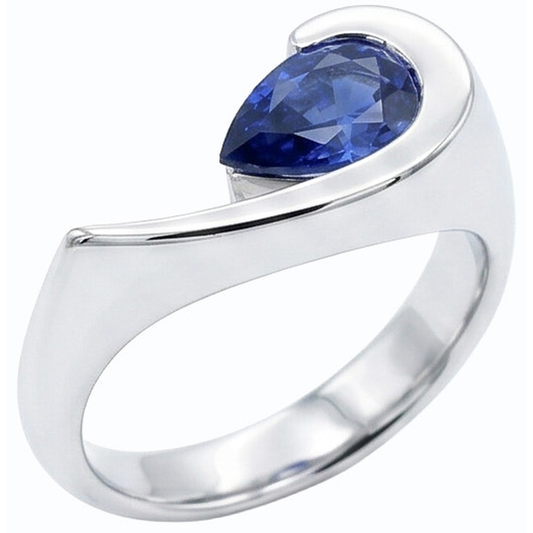 Birne Solitär Ring Blauer Saphir 1 Karat Halbe Lünette Set Weißgold