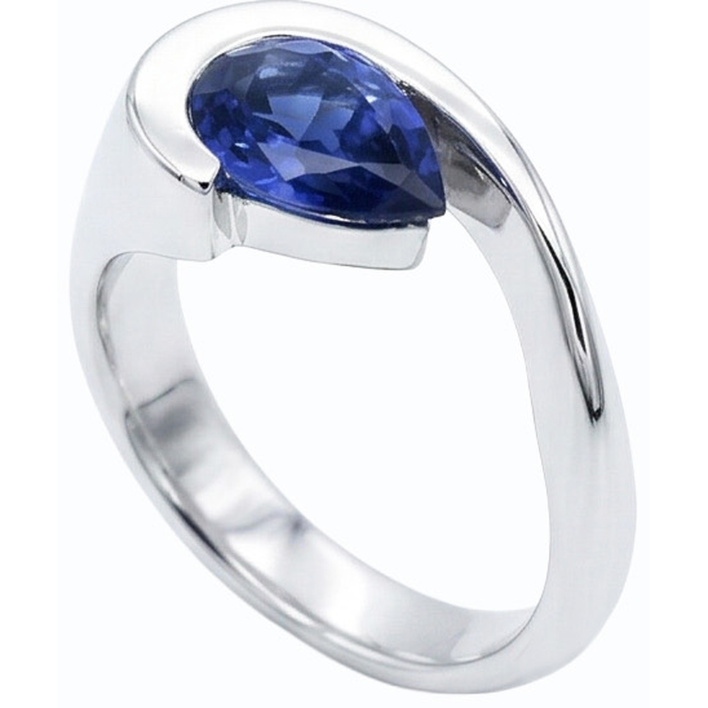 Birne Solitär Ring Blauer Saphir 1 Karat Halbe Lünette Set Weißgold