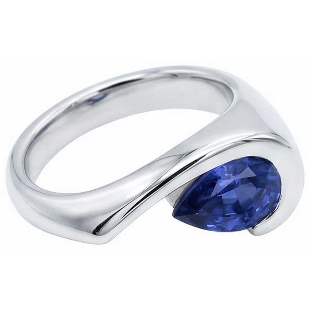 Birne Solitär Ring Blauer Saphir 1 Karat Halbe Lünette Set Weißgold