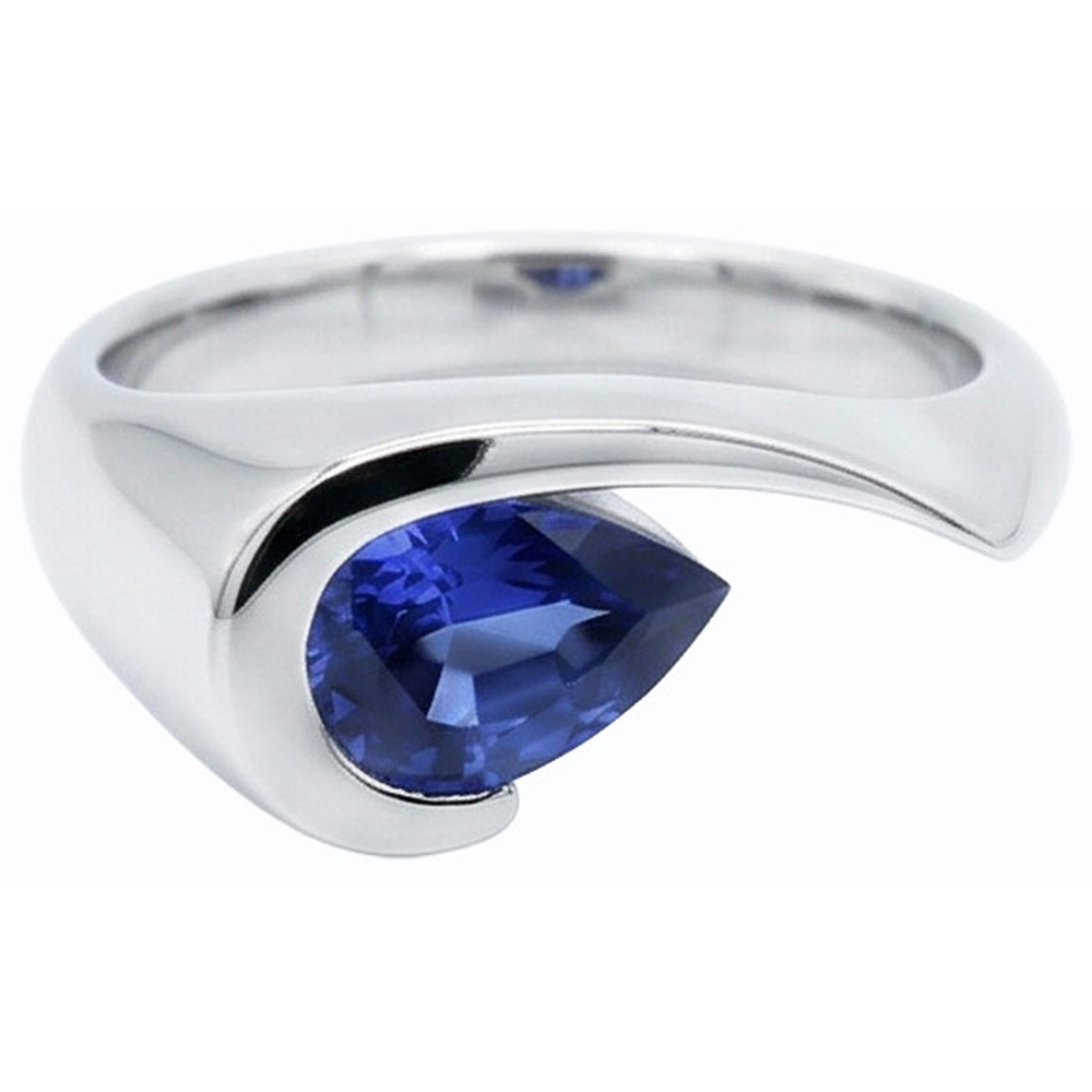 Birne Solitär Ring Blauer Saphir 1 Karat Halbe Lünette Set Weißgold
