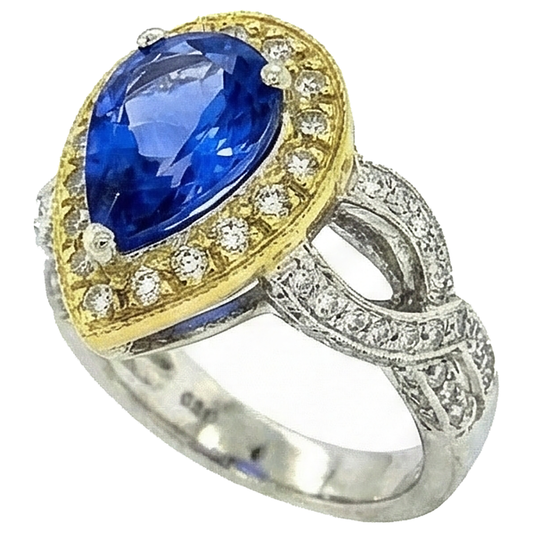 Birne Tansanit und Aus der Erde Abgebauter Natürlicher Diamanten 4.51 Kt Ring im antiken Stil Zweifarbiges Gold