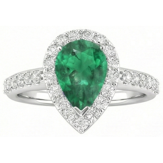 Birne & Rund 4 Karat Grün Smaragd & Aus der Erde Abgebauter Natürlicher Diamant Edelstein Ring Weißgold 14K