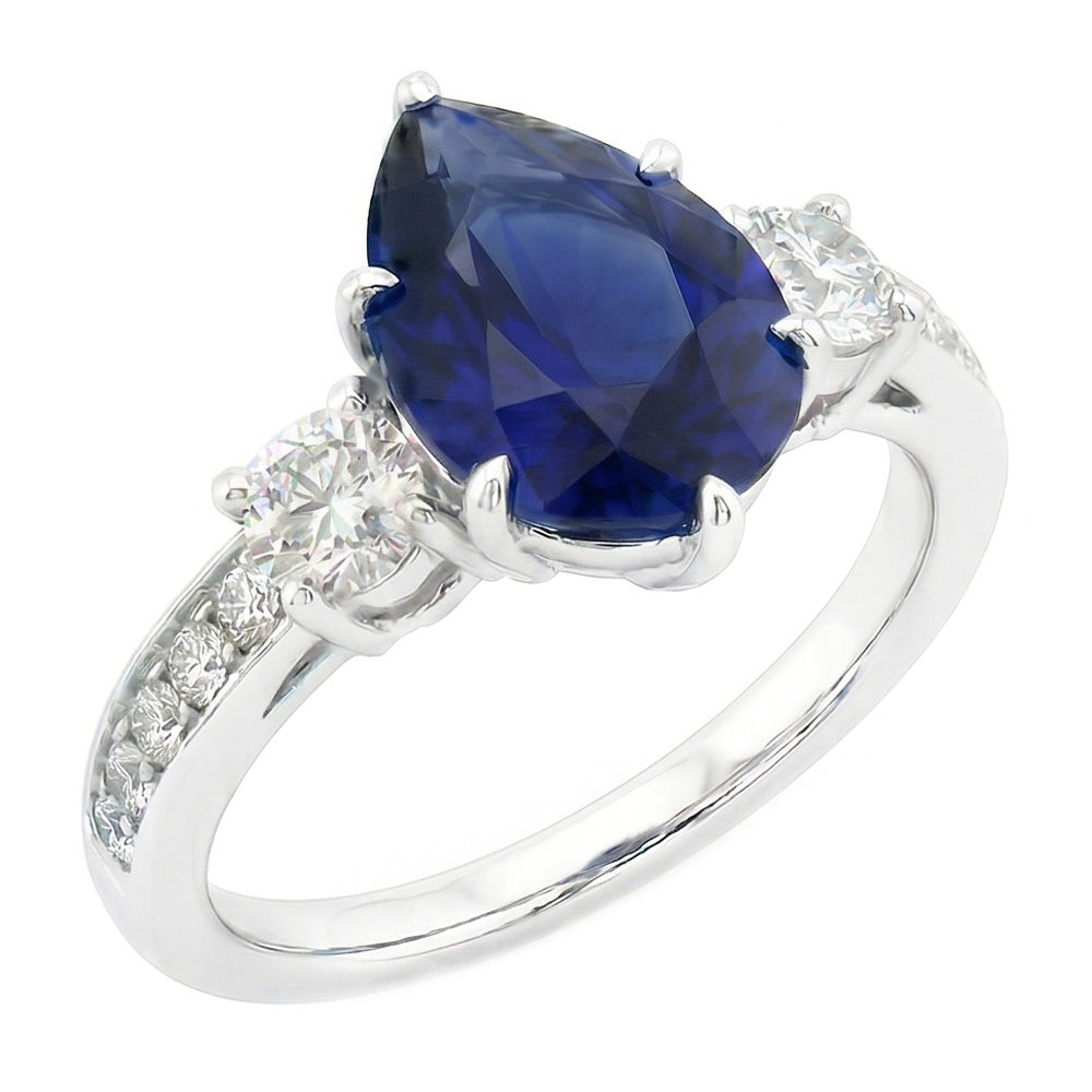 Birnen-Saphir-Edelstein-Ring mit Akzenten runden Aus der Erde Abgebauter Natürlicher Diamanten 3,50 Karat