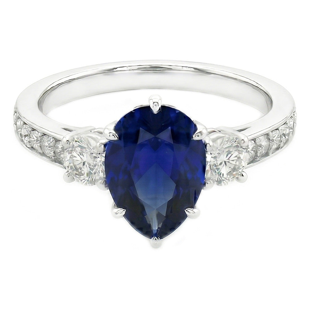 Birnen-Saphir-Edelstein-Ring mit Akzenten runden Aus der Erde Abgebauter Natürlicher Diamanten 3,50 Karat