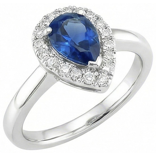 Birnenform Ceylon Saphir Aus der Erde Abgebauter Natürlicher Diamanten Ring 3.30 ct 14K Weißgold 14K